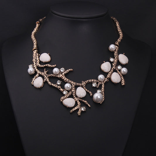 Elegant Pearl and Gemstone Branch Necklace - Unique Designer Statement Jewelry