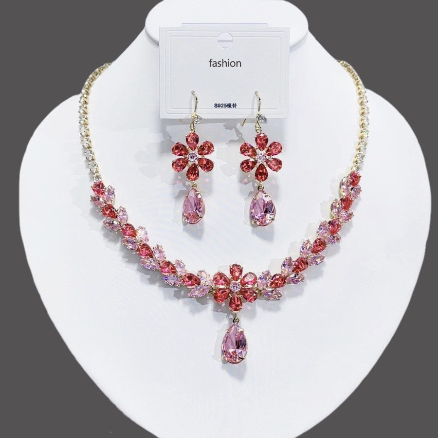 Pink Crystal Floral Jewelry Set | Gold Wedding & Prom Necklace Set