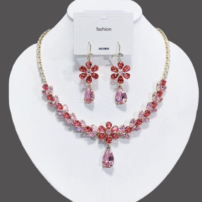 Pink Crystal Floral Jewelry Set | Gold Wedding & Prom Necklace Set