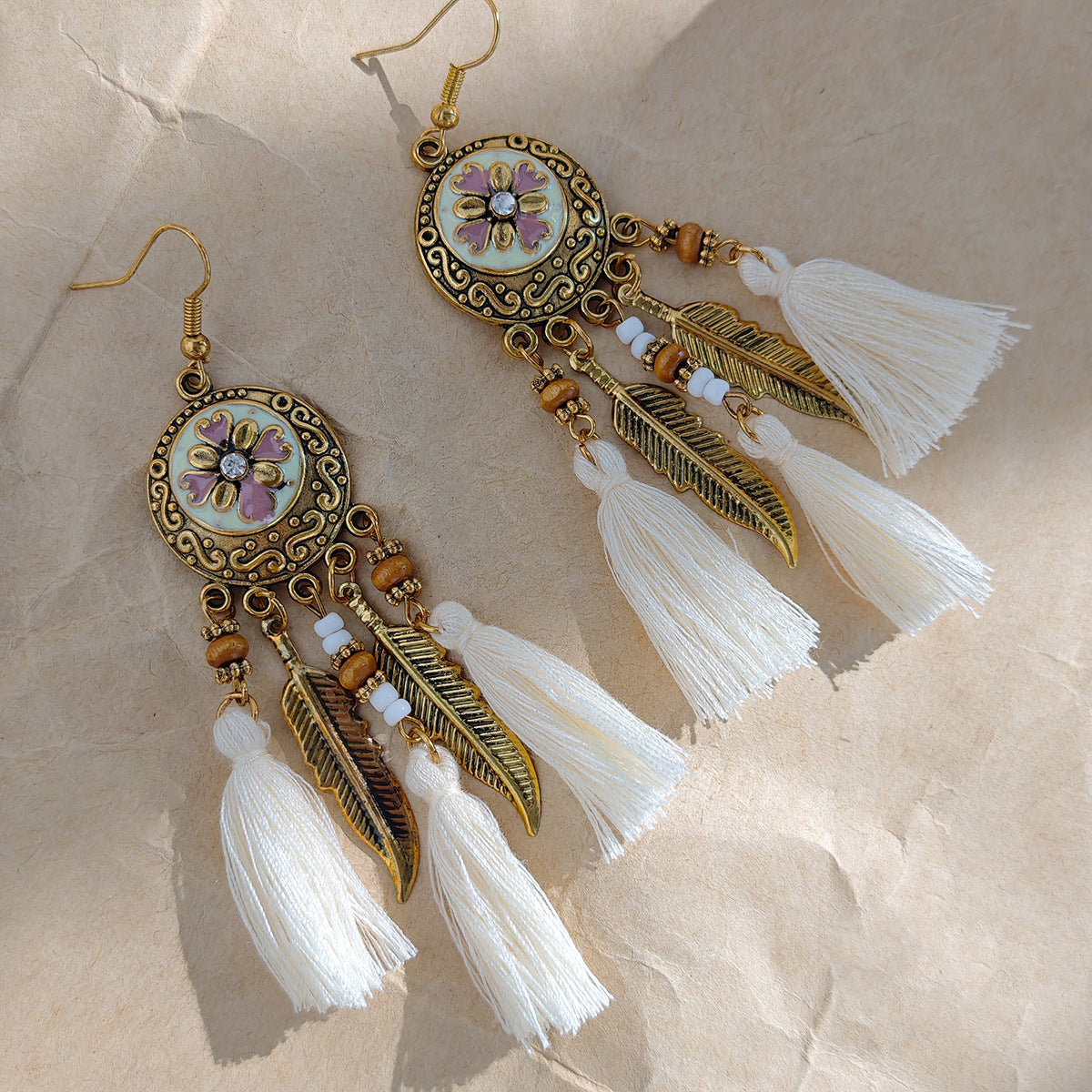 Bohemian Floral Tassel Feather Drop Earrings
