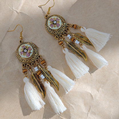 Bohemian Floral Tassel Feather Drop Earrings
