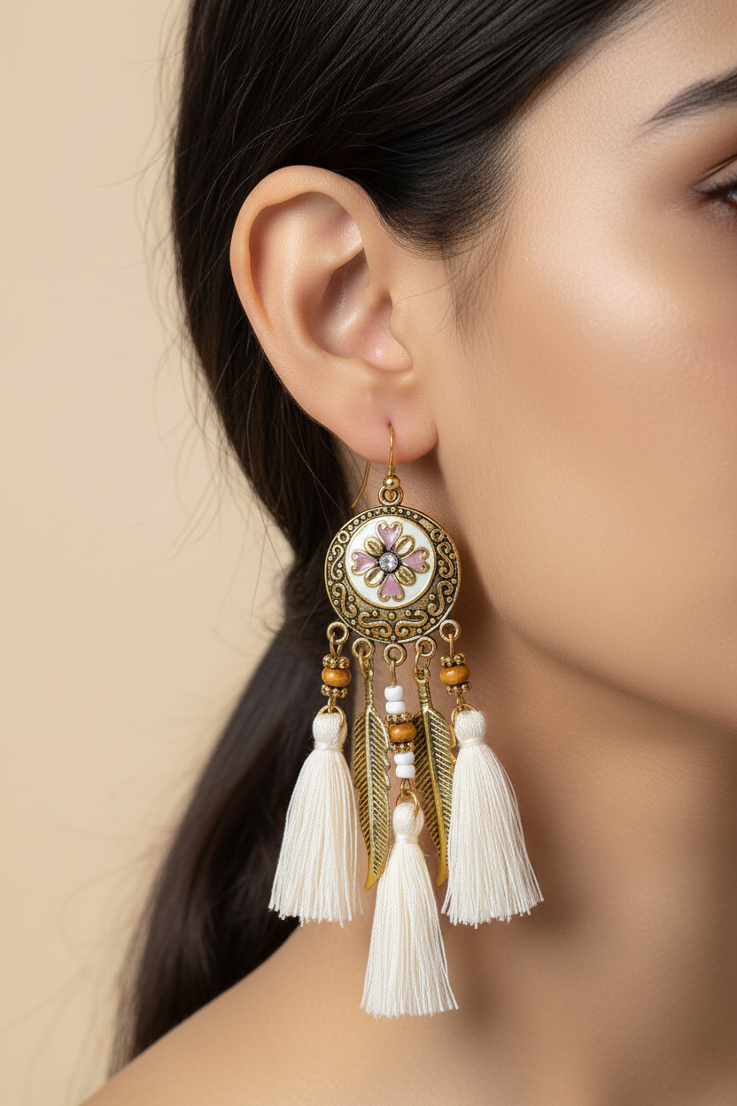 Bohemian Floral Tassel Feather Drop Earrings
