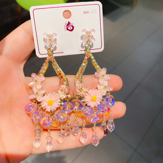Pink Flower Crystal Drop Earrings – Handmade Dangle Earrings for Girls & Women