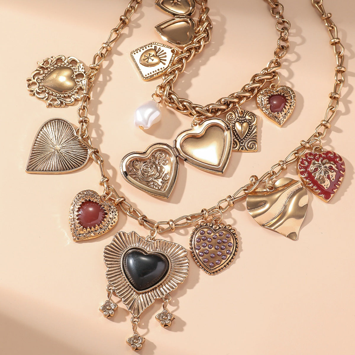 Maximalist Heart Charm Necklace | Vintage Gold Locket & Multi-Charm Jewelry