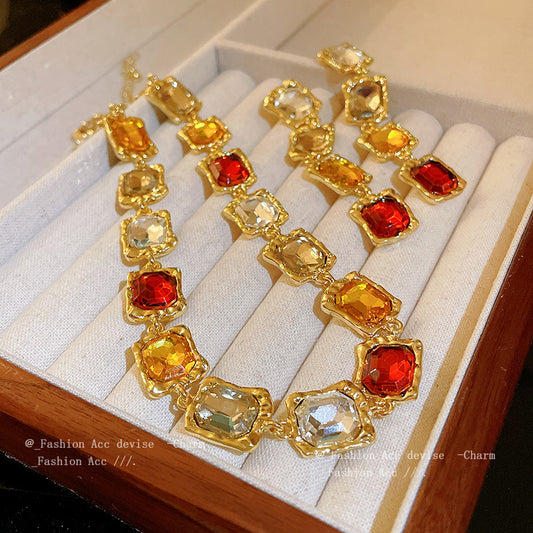 Multi-Color Crystal Statement Jewelry Set | Vintage Gold Necklace & Earrings
