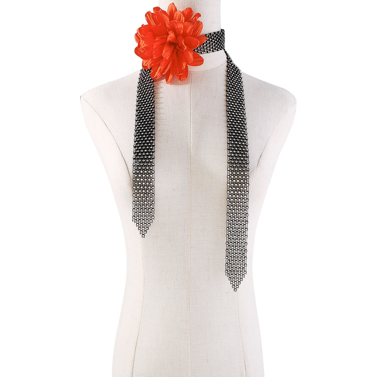 Bold Red Floral Choker Necklace with Rhinestone Tassels