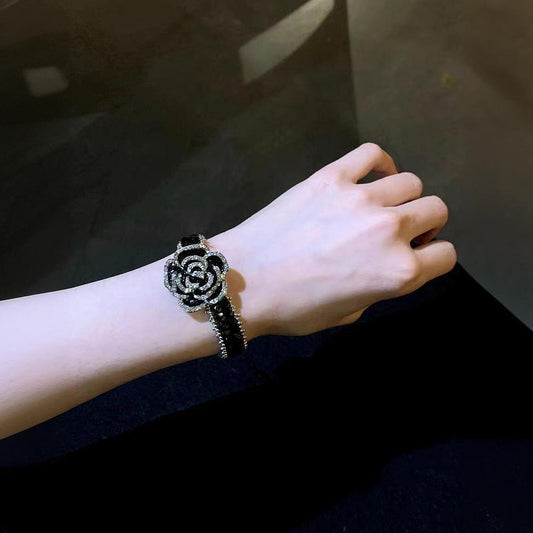 Elegant Black Rose Rhinestone Crystal Bracelet Cuff