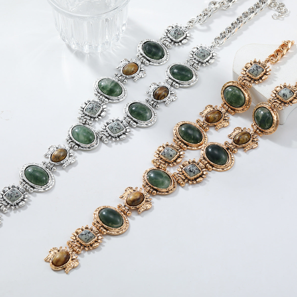 Bohemian Y-Necklace with Green Stones | Vintage Silver Lariat Statement Jewelry