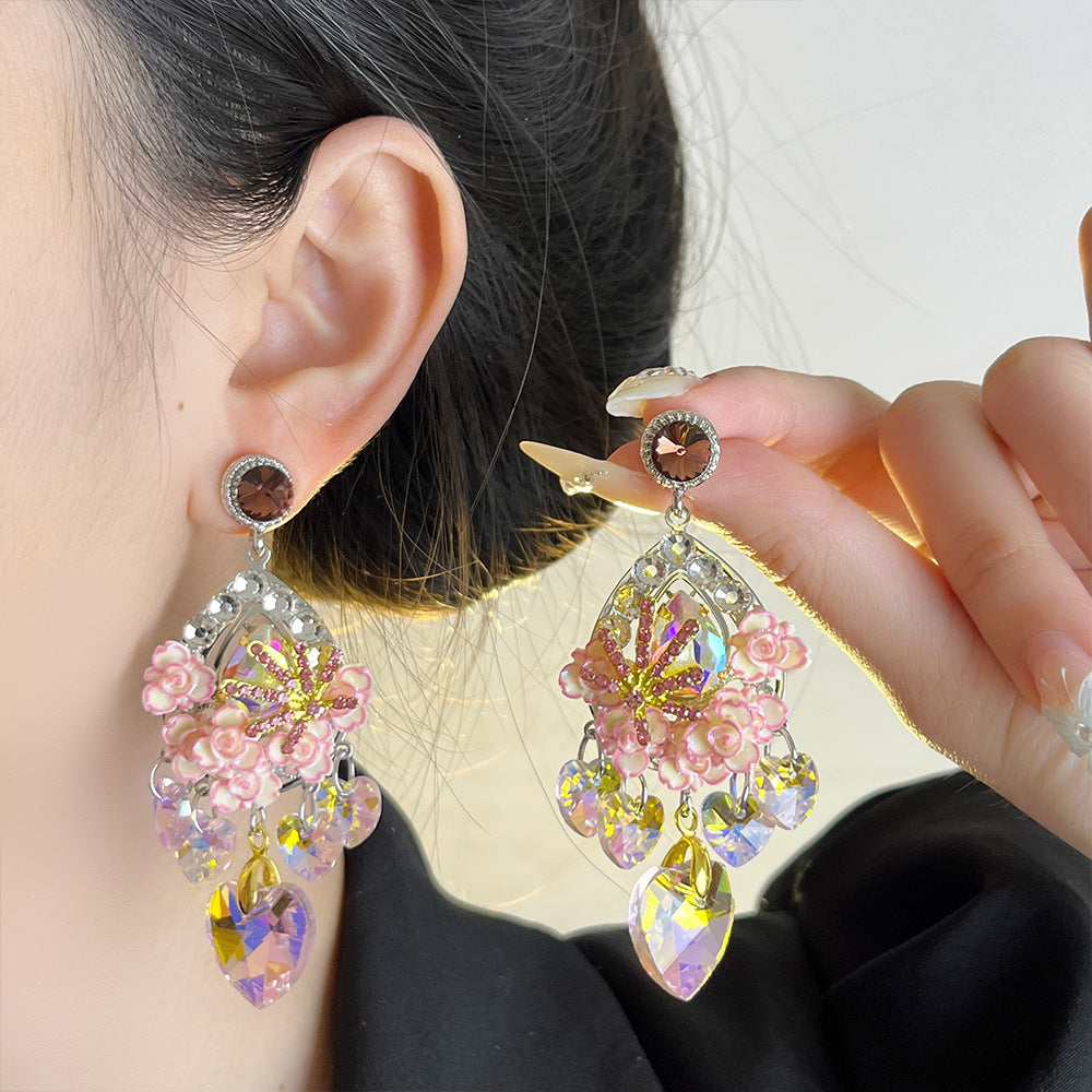 Fairycore Pink Rose & Crystal Heart Drop Earrings – Iridescent Coquette Dangle Jewelry for Party or Cosplay