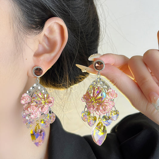 Fairycore Pink Rose & Crystal Heart Drop Earrings – Iridescent Coquette Dangle Jewelry for Party or Cosplay