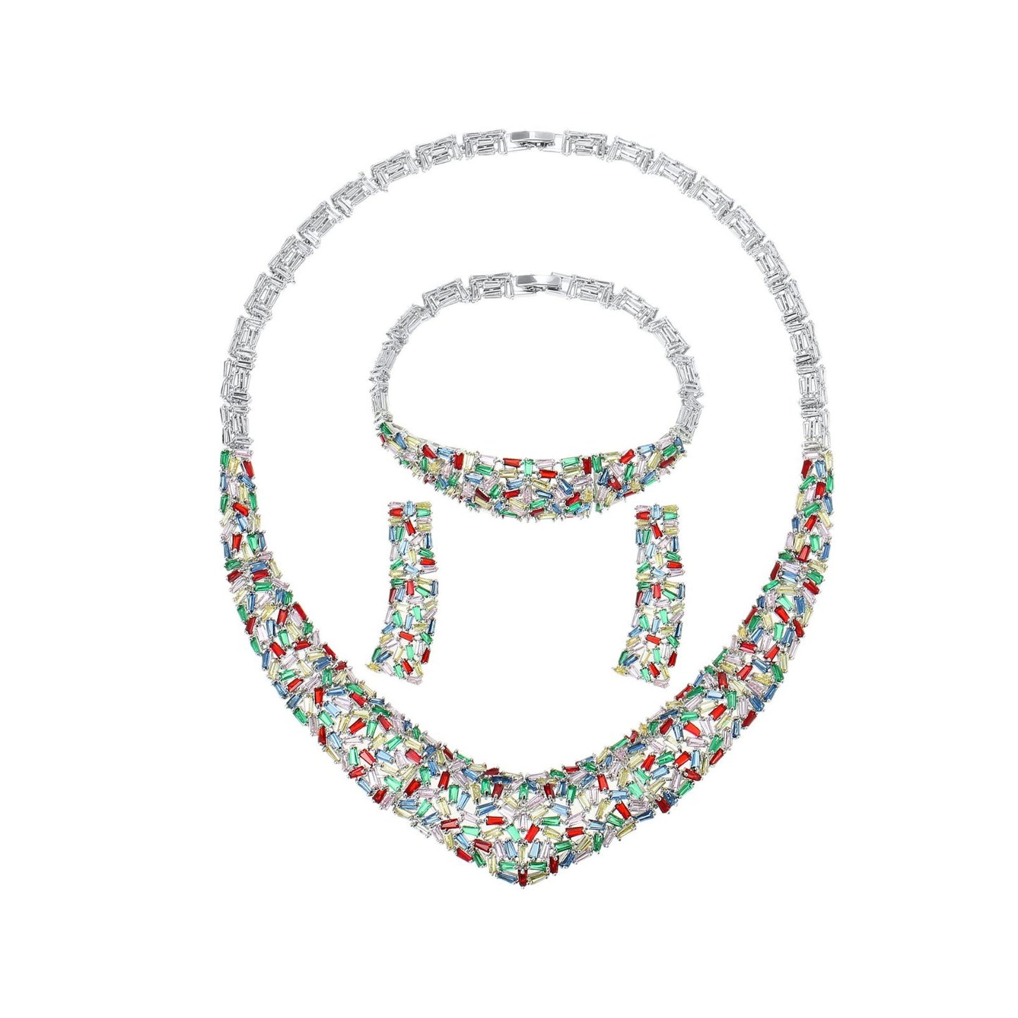 Multi-Color Crystal Statement Jewelry Set | Geometric Silver Necklace & Earrings