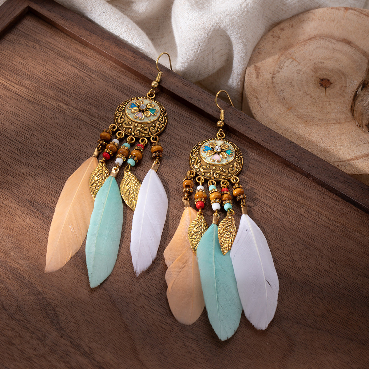 Boho Chic Feather Dangle Earrings with Beaded Detail