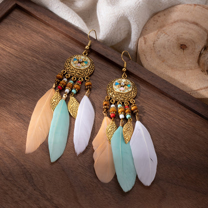 Boho Chic Feather Dangle Earrings with Beaded Detail