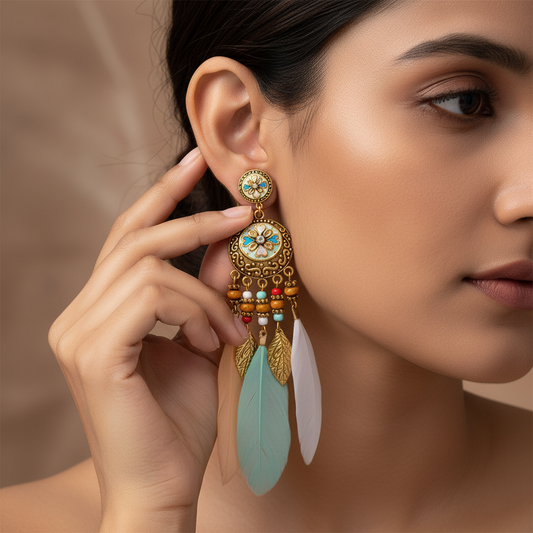 Boho Chic Feather Dangle Earrings with Beaded Detail