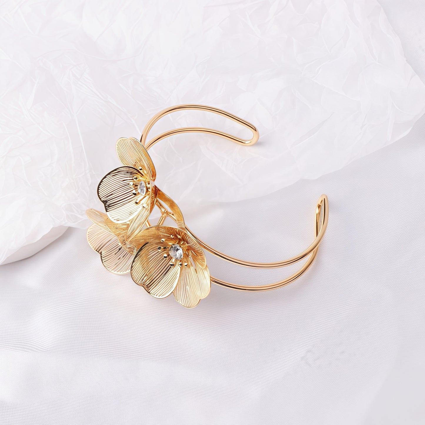 Textured Gold Floral Cuff | Statement Crystal Bracelet