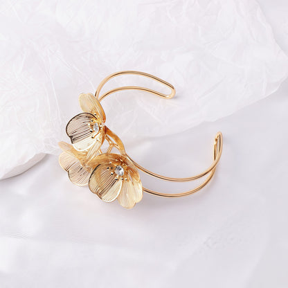 Textured Gold Floral Cuff | Statement Crystal Bracelet