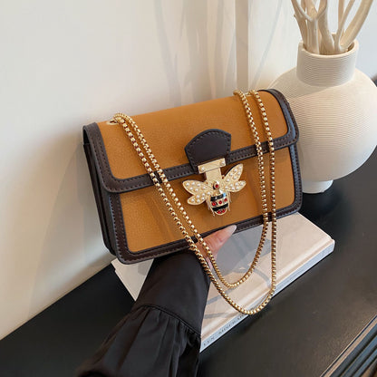 Chic Brown Bee Clasp Crossbody Bag with Gold Chain