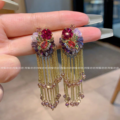 Colorful Floral Bouquet Tassel Earrings | Gold Chain Fringe Earrings