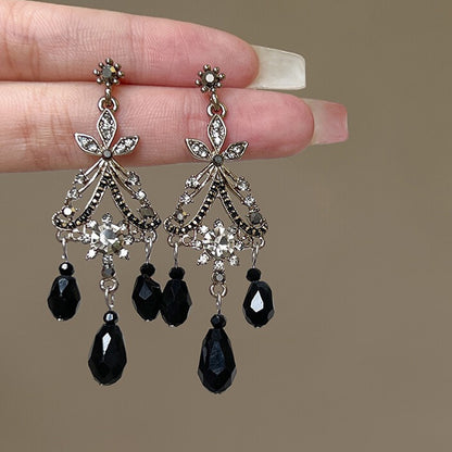 Art Deco Noir Crystal Dangle Earrings | Silver & Black Statement Jewelry