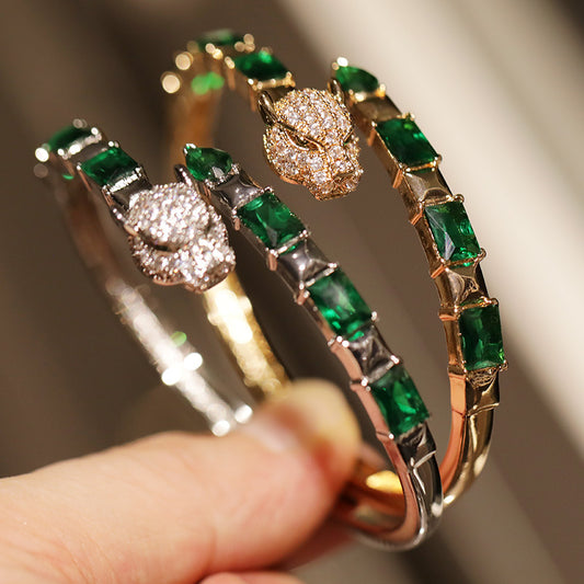 Luxury Emerald & Diamond Panther Head Bangle Set