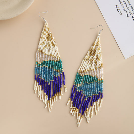 Boho Beaded Fringe Dangle Earrings - Gold, Blue & Green