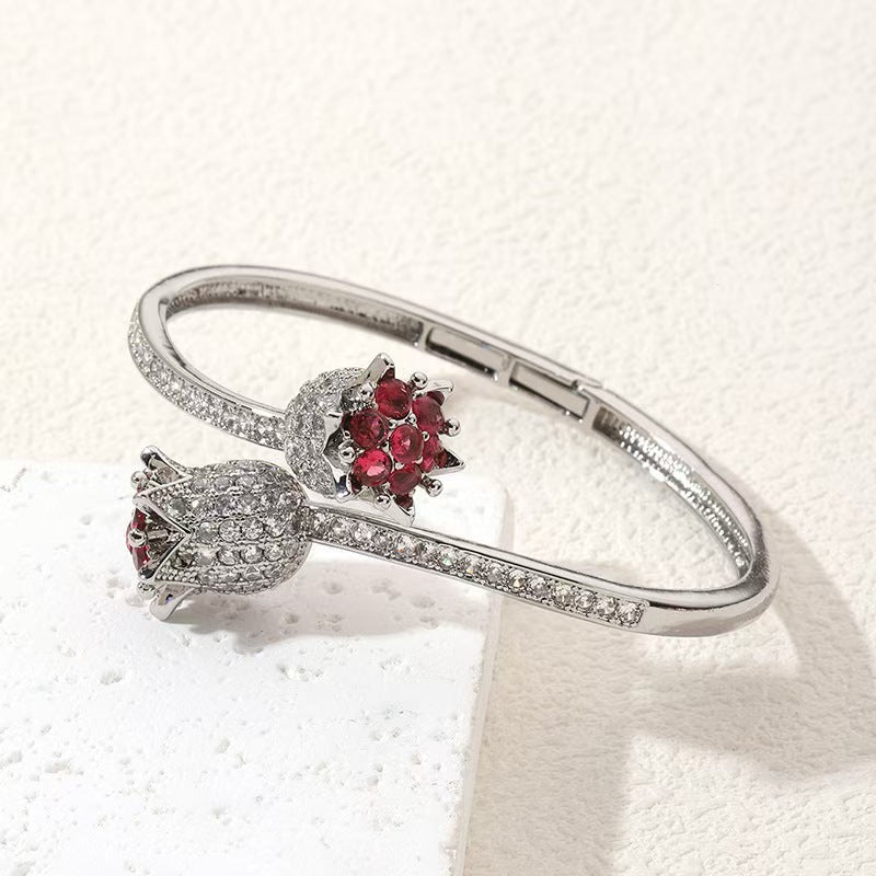 Luxury Zirconia & Ruby Blossom Wrap Bangle Bracelet