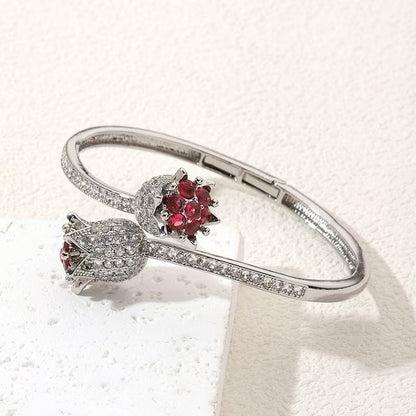 Luxury Zirconia & Ruby Blossom Wrap Bangle Bracelet