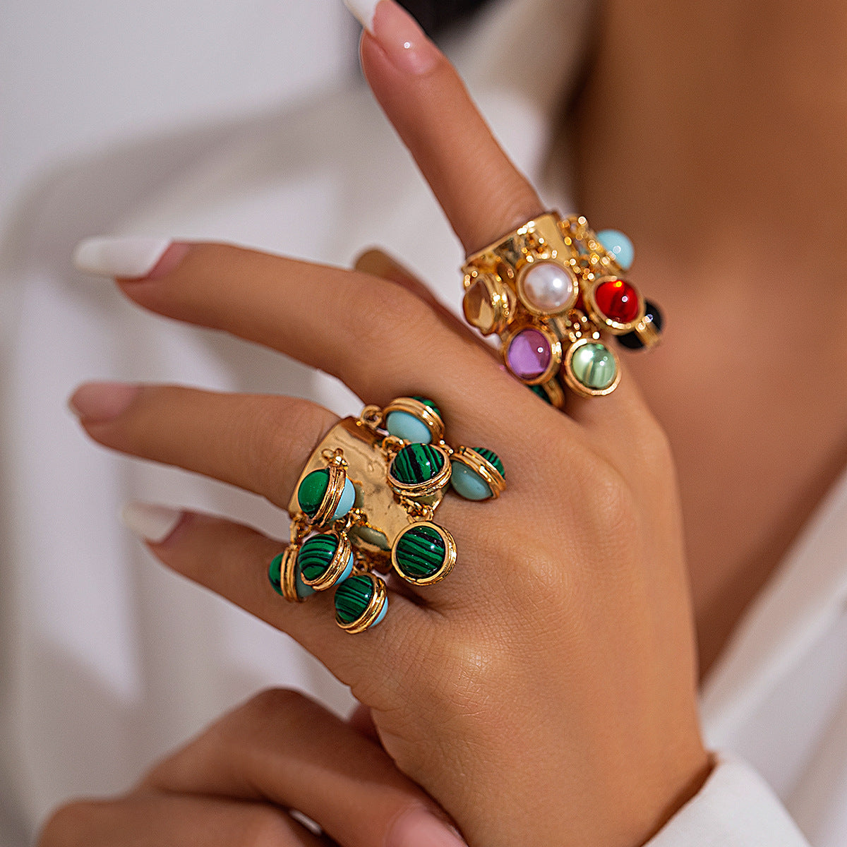 Statement Cluster Ring with Dangling Stone Beads | Wide Hammered Gold Band