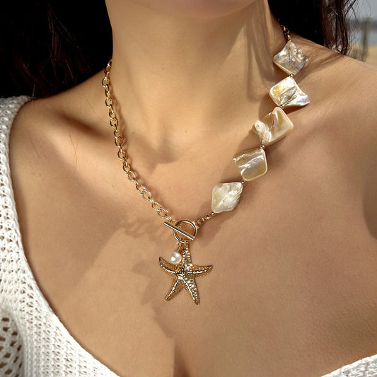 Irregular Pearl & Gold Sea Charm Choker Necklace