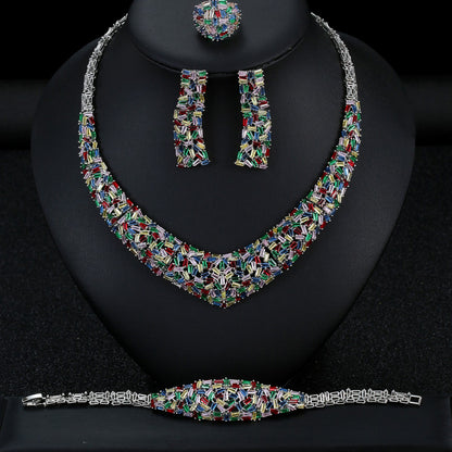 Multi-Color Crystal Statement Jewelry Set | Geometric Silver Necklace & Earrings