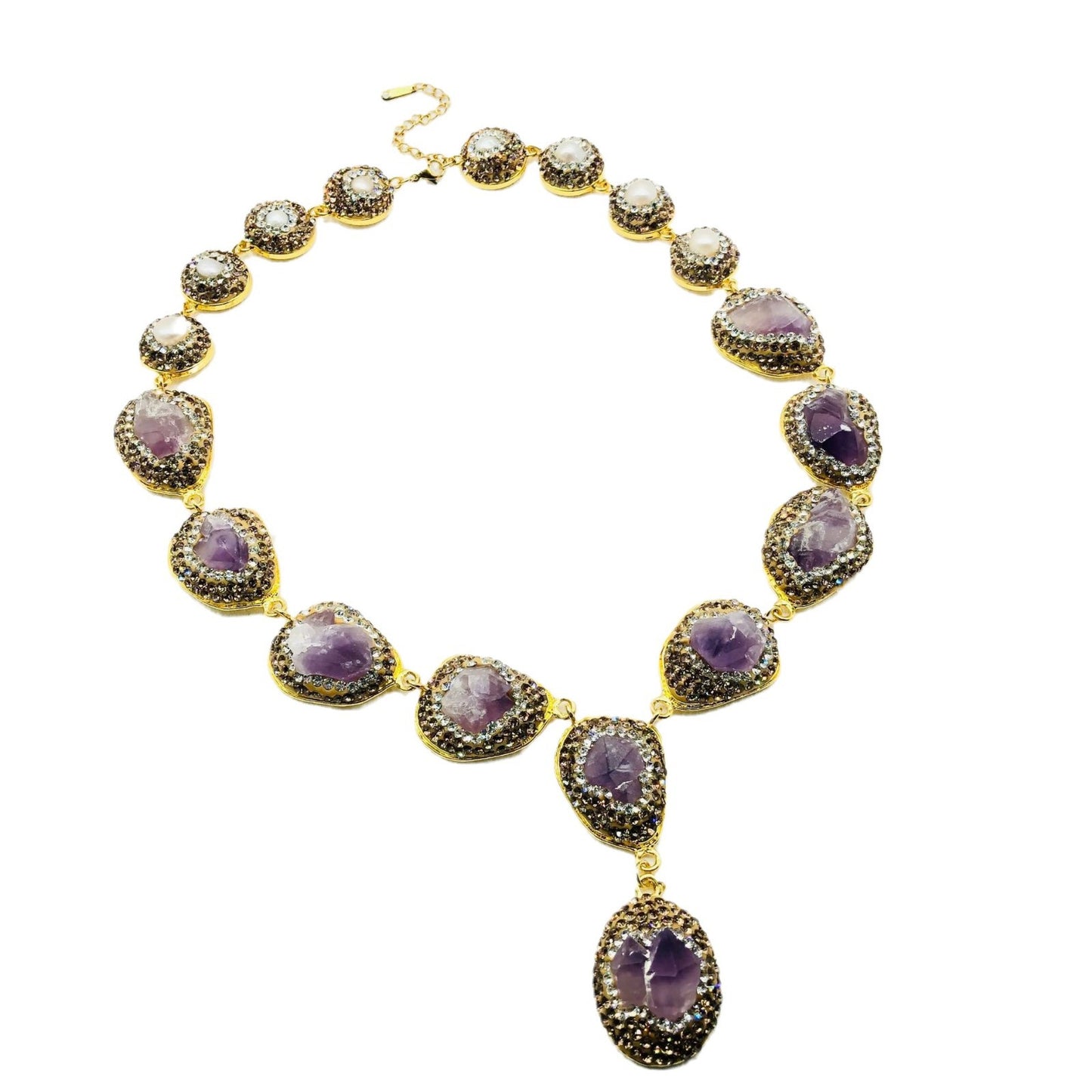 Raw Amethyst & Crystal Halo Statement Necklace | Lariat Style