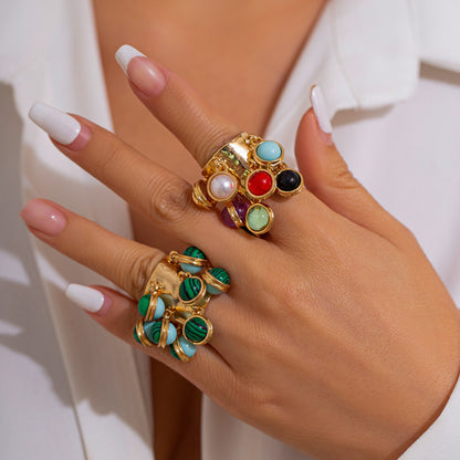 Statement Cluster Ring with Dangling Stone Beads | Wide Hammered Gold Band