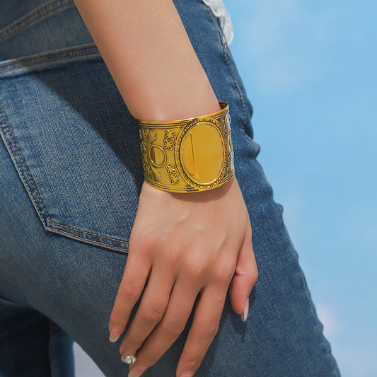 Bold Gold Statement Cuff Bracelet | Detailed Engraved Pattern