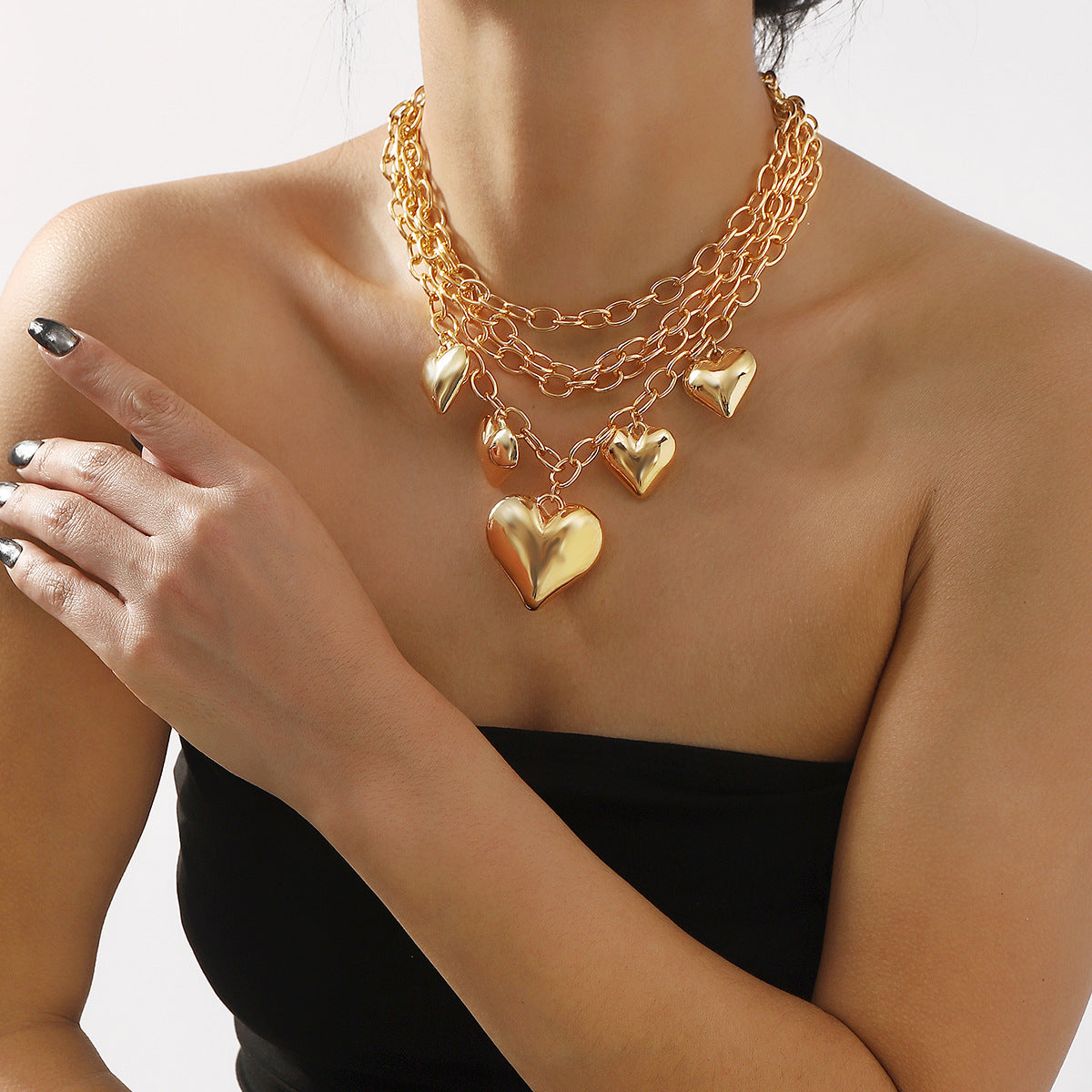 Layered Gold Heart Charm Necklace | Chunky Multi-Strand Statement Jewelry