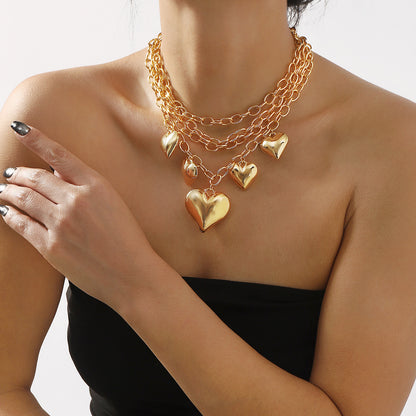 Layered Gold Heart Charm Necklace | Chunky Multi-Strand Statement Jewelry
