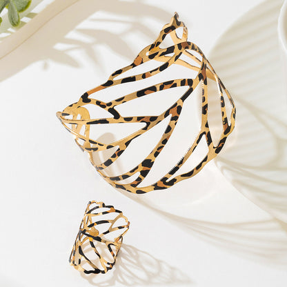 Leopard Print Leaf Cutout Cuff Bracelet and Ring Set