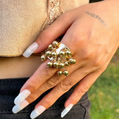 Statement Cluster Ring with Dangling Stone Beads | Wide Hammered Gold Band