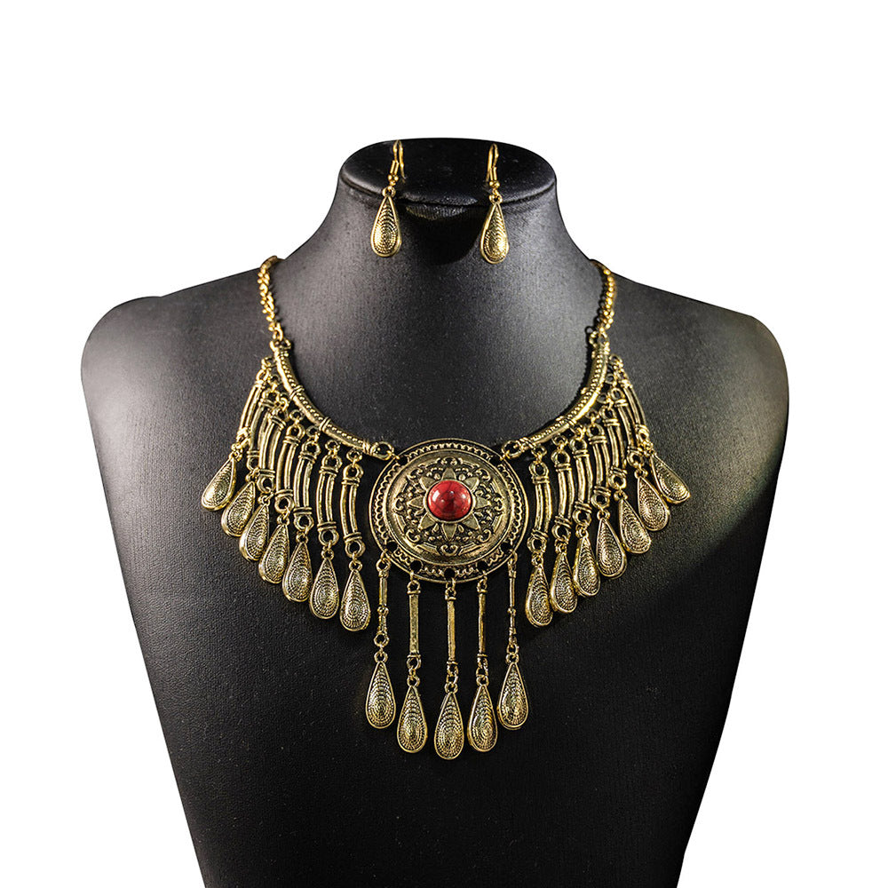 Boho Ethnic Statement Necklace & Dangle Earrings Set - Antique Gold
