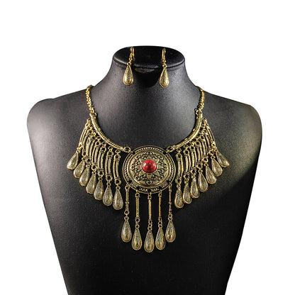Boho Ethnic Statement Necklace & Dangle Earrings Set - Antique Gold