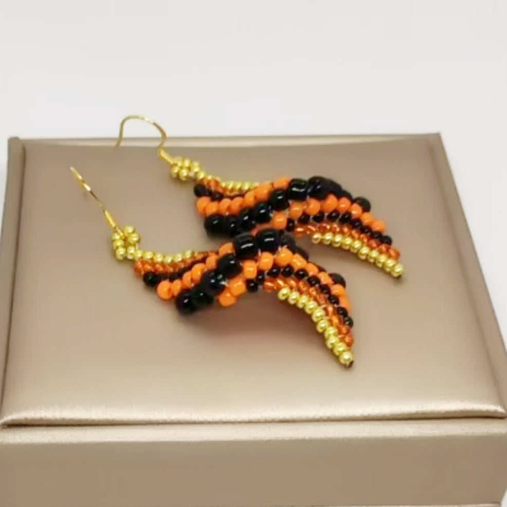 Vibrant Orange & Black Beaded Dangle Earrings | Boho Chic