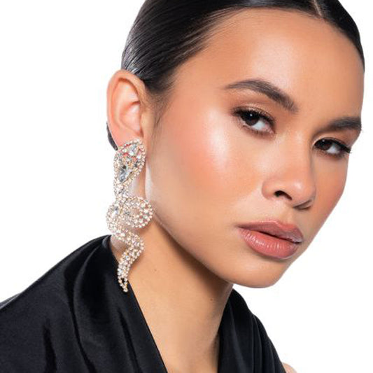 Gold Tone Crystal Pave Snake Dangle Earrings – Rhinestone Serpent Statement Jewelry for Party & Club