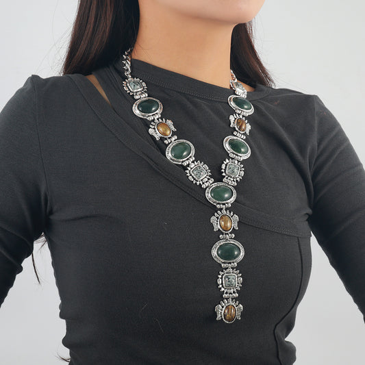 Bohemian Y-Necklace with Green Stones | Vintage Silver Lariat Statement Jewelry