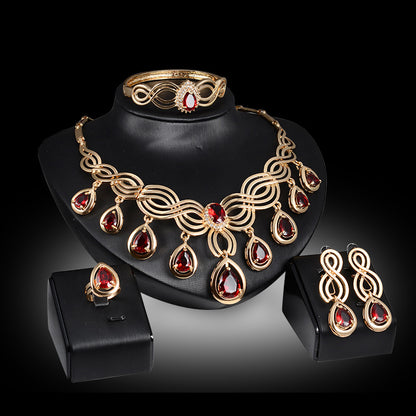 4-Piece Red Crystal Jewelry Set | Gold Statement Necklace, Earrings, Bracelet & Ring