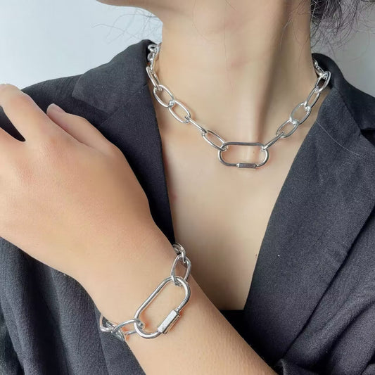 Stylish Gold and Silver Chain Necklace and Bracelet Set - Modern Minimalist Jewelry