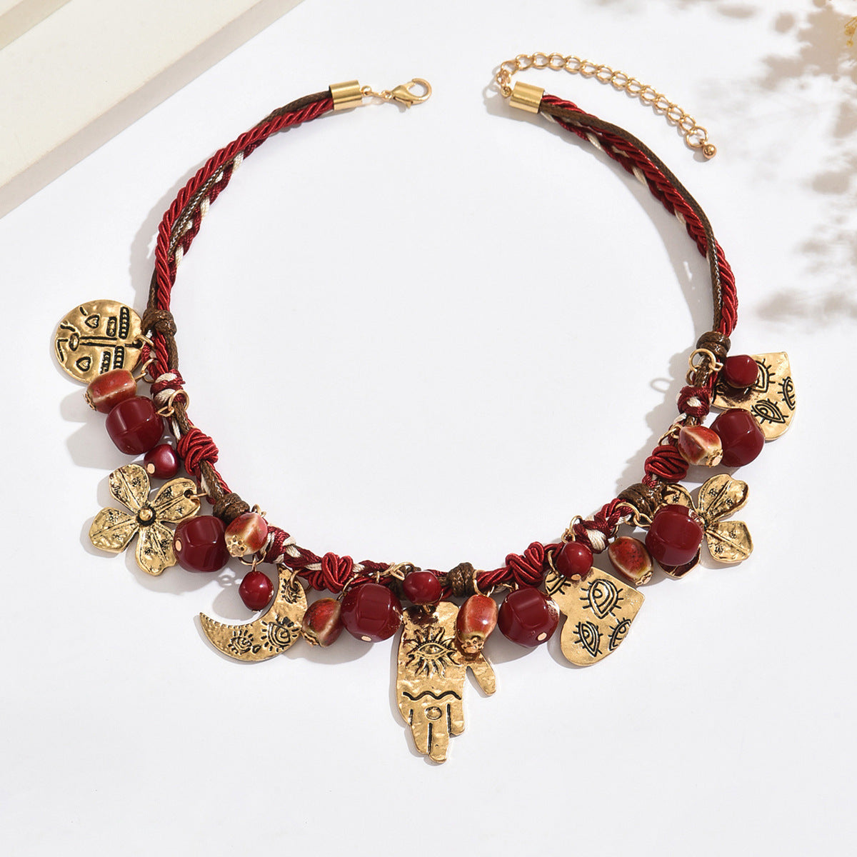 Bohemian Hamsa & Evil Eye Charm Necklace with Red Beads