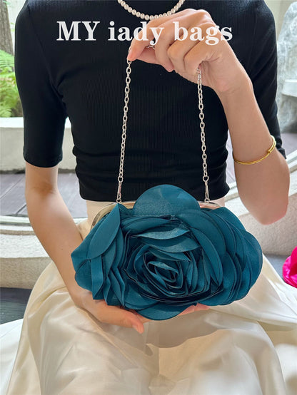 Elegant Teal Rose Floral Clutch Bag with Chain Strap