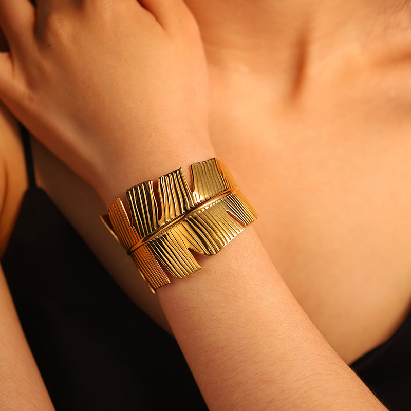 Wide Gold Feather Cuff Bracelet | Anti-Tarnish Boho Statement Jewelry