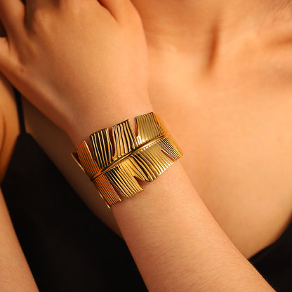 Wide Gold Feather Cuff Bracelet | Anti-Tarnish Boho Statement Jewelry