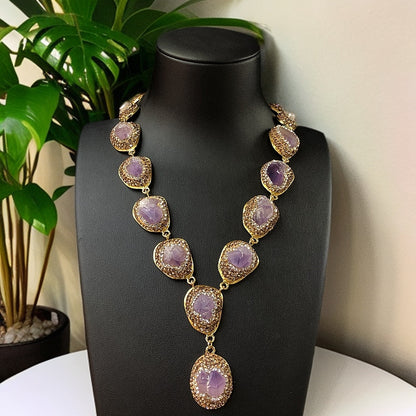 Raw Amethyst & Crystal Halo Statement Necklace | Lariat Style