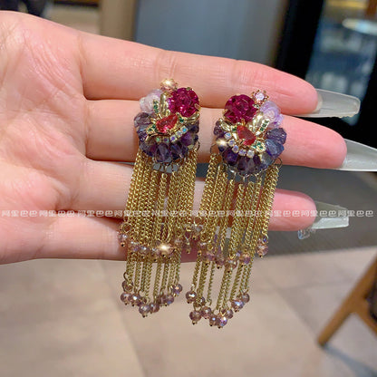 Colorful Floral Bouquet Tassel Earrings | Gold Chain Fringe Earrings